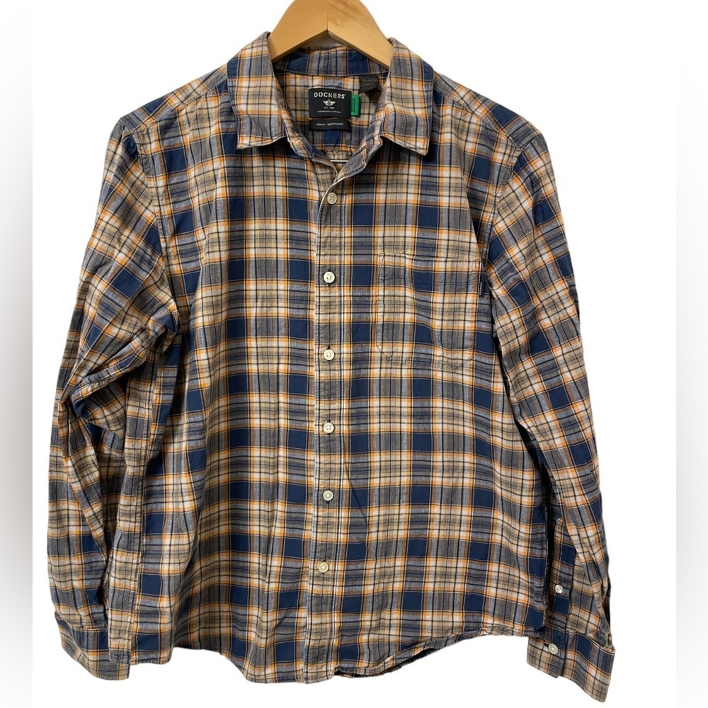 DOCKERS blue orange casual button down long sleeve Medium